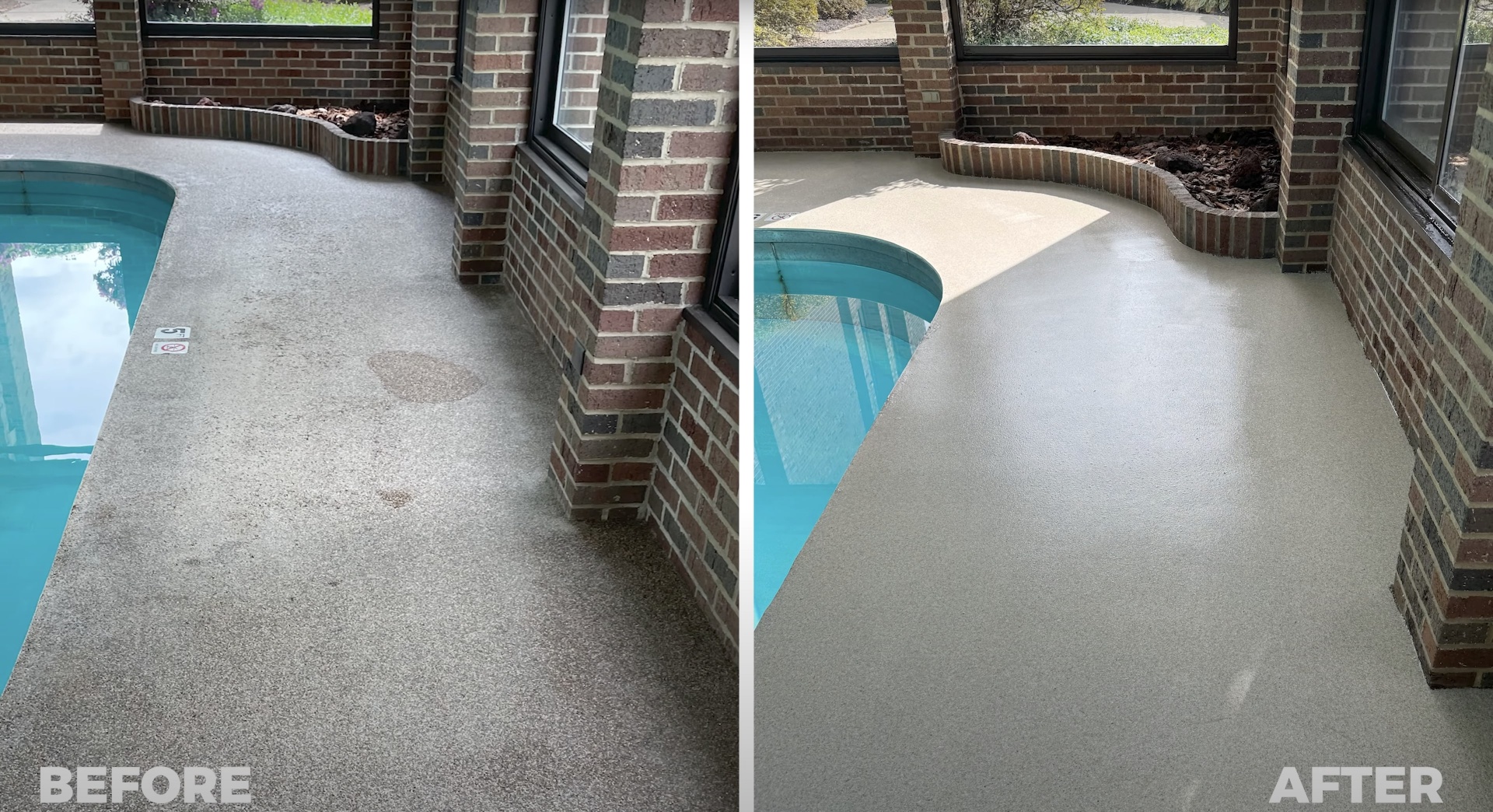 Professional pool deck resurfacing transformation showing quality results Pool deck concrete resurfacing before and after showing dramatic improvement